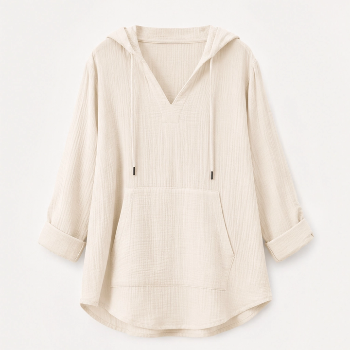 Willowlane – Soft Cotton-Linen Hooded V-Neck Top with Pocket + 50% OFF