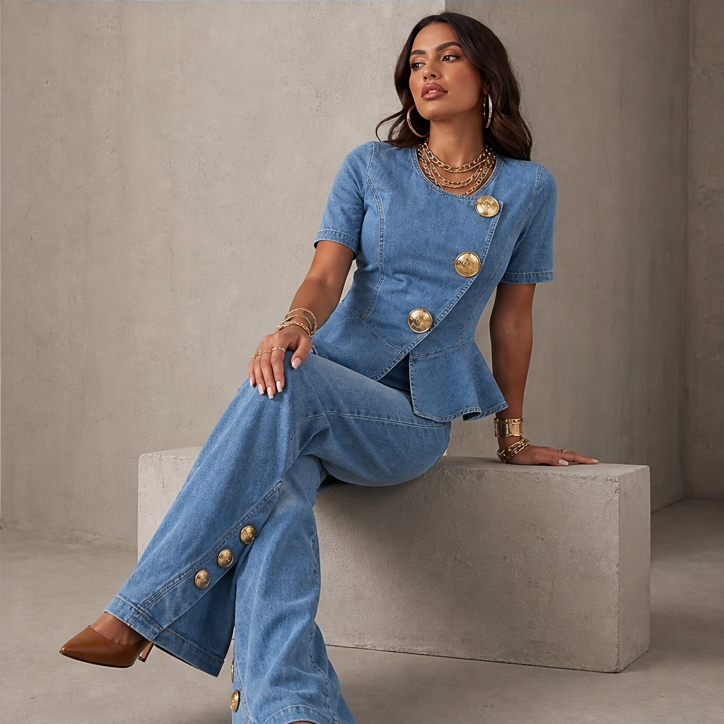 Rivelle – Gold-Button Peplum Top &amp; Wide-Leg Denim Set + 50% OFF