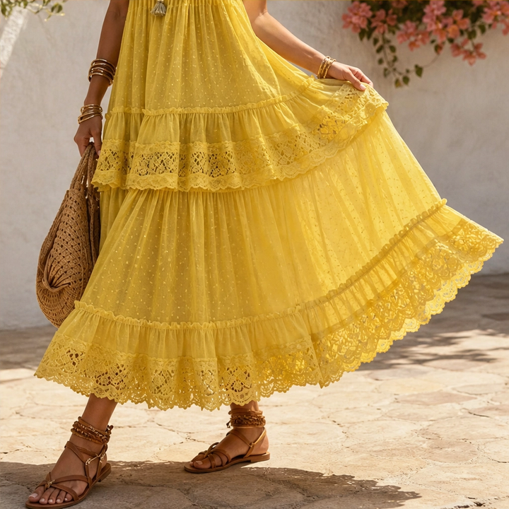 Marisole – Dobby-Dot Lace Tiered Halter Maxi Dress + 50% OFF