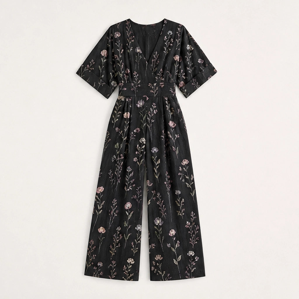 Wrenvale – Floral V-Neck Wide-Leg Jumpsuit with Defined Waist + 50% OFF