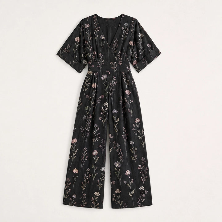 Wrenvale – Floral V-Neck Wide-Leg Jumpsuit with Defined Waist + 50% OFF