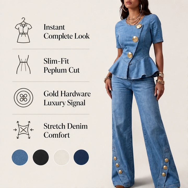 Rivelle – Gold-Button Peplum Top &amp; Wide-Leg Denim Set + 50% OFF