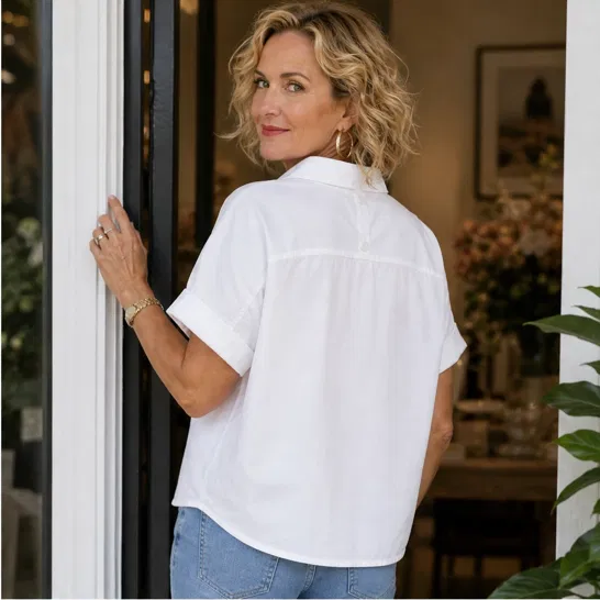 Blancelle – Stand Collar Button-Back Relaxed White Blouse + 50% OFF