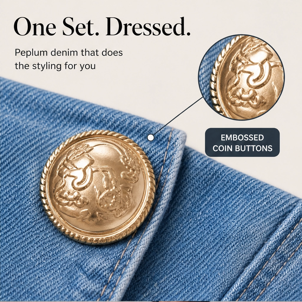 Rivelle – Gold-Button Peplum Top &amp; Wide-Leg Denim Set + 50% OFF