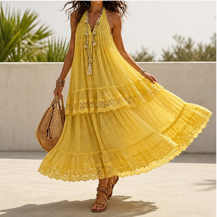 Marisole – Dobby-Dot Lace Tiered Halter Maxi Dress + 50% OFF