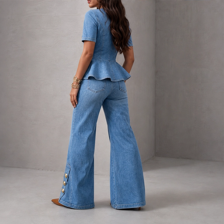 Rivelle – Gold-Button Peplum Top &amp; Wide-Leg Denim Set + 50% OFF
