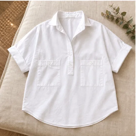 Blancelle – Stand Collar Button-Back Relaxed White Blouse + 50% OFF