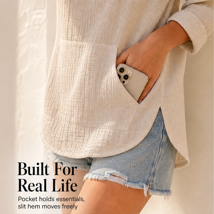 Willowlane – Soft Cotton-Linen Hooded V-Neck Top with Pocket + 50% OFF