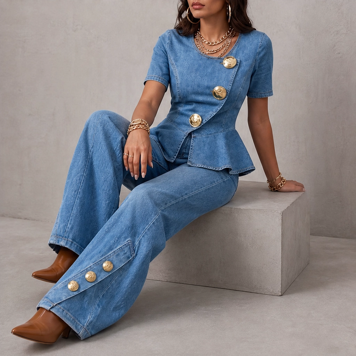 Rivelle – Gold-Button Peplum Top &amp; Wide-Leg Denim Set + 50% OFF
