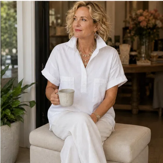 Blancelle – Stand Collar Button-Back Relaxed White Blouse + 50% OFF