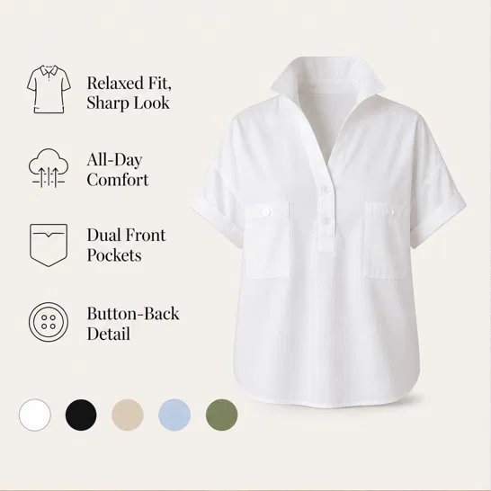 Blancelle – Stand Collar Button-Back Relaxed White Blouse + 50% OFF