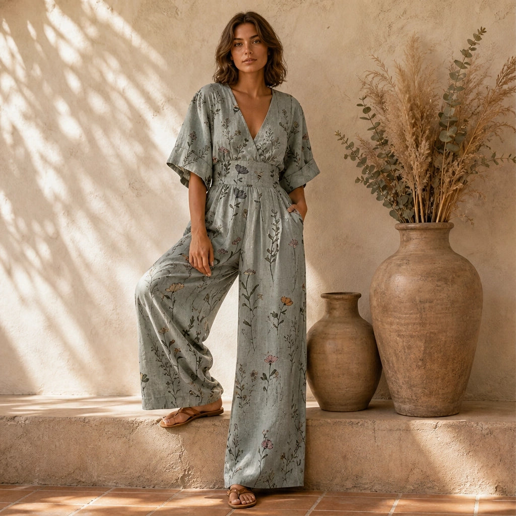 Wrenvale – Floral V-Neck Wide-Leg Jumpsuit with Defined Waist + 50% OFF