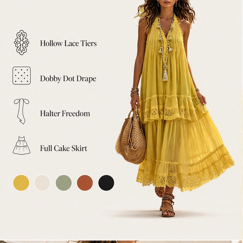 Marisole – Dobby-Dot Lace Tiered Halter Maxi Dress + 50% OFF