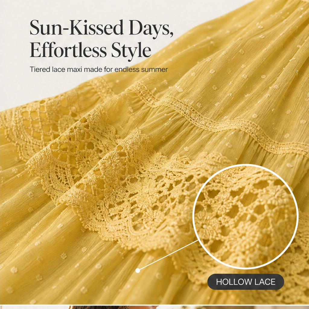 Marisole – Dobby-Dot Lace Tiered Halter Maxi Dress + 50% OFF