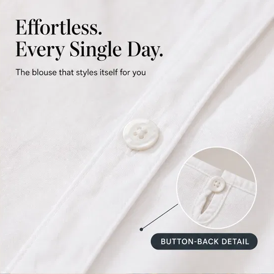 Blancelle – Stand Collar Button-Back Relaxed White Blouse + 50% OFF