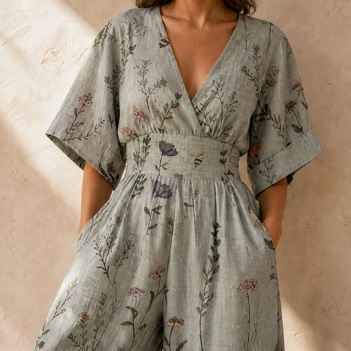 Wrenvale – Floral V-Neck Wide-Leg Jumpsuit with Defined Waist + 50% OFF