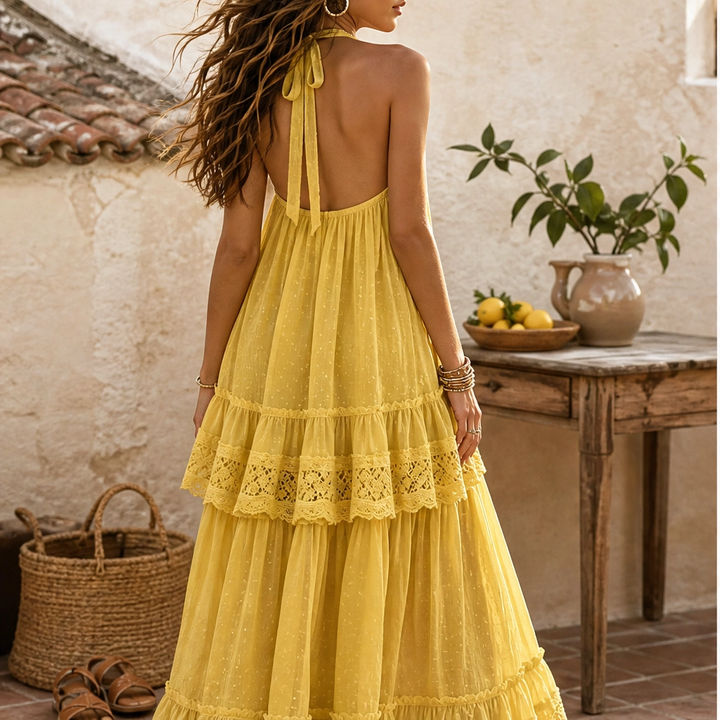 Marisole – Dobby-Dot Lace Tiered Halter Maxi Dress + 50% OFF