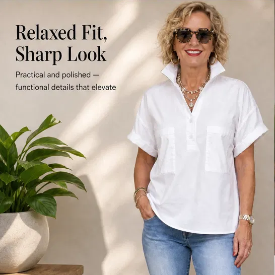 Blancelle – Stand Collar Button-Back Relaxed White Blouse + 50% OFF