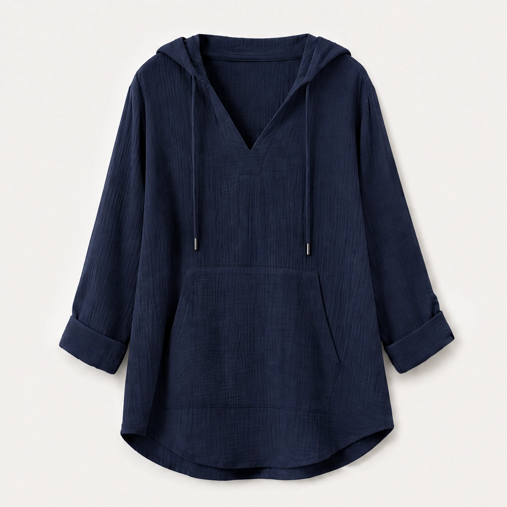 Willowlane – Soft Cotton-Linen Hooded V-Neck Top with Pocket + 50% OFF