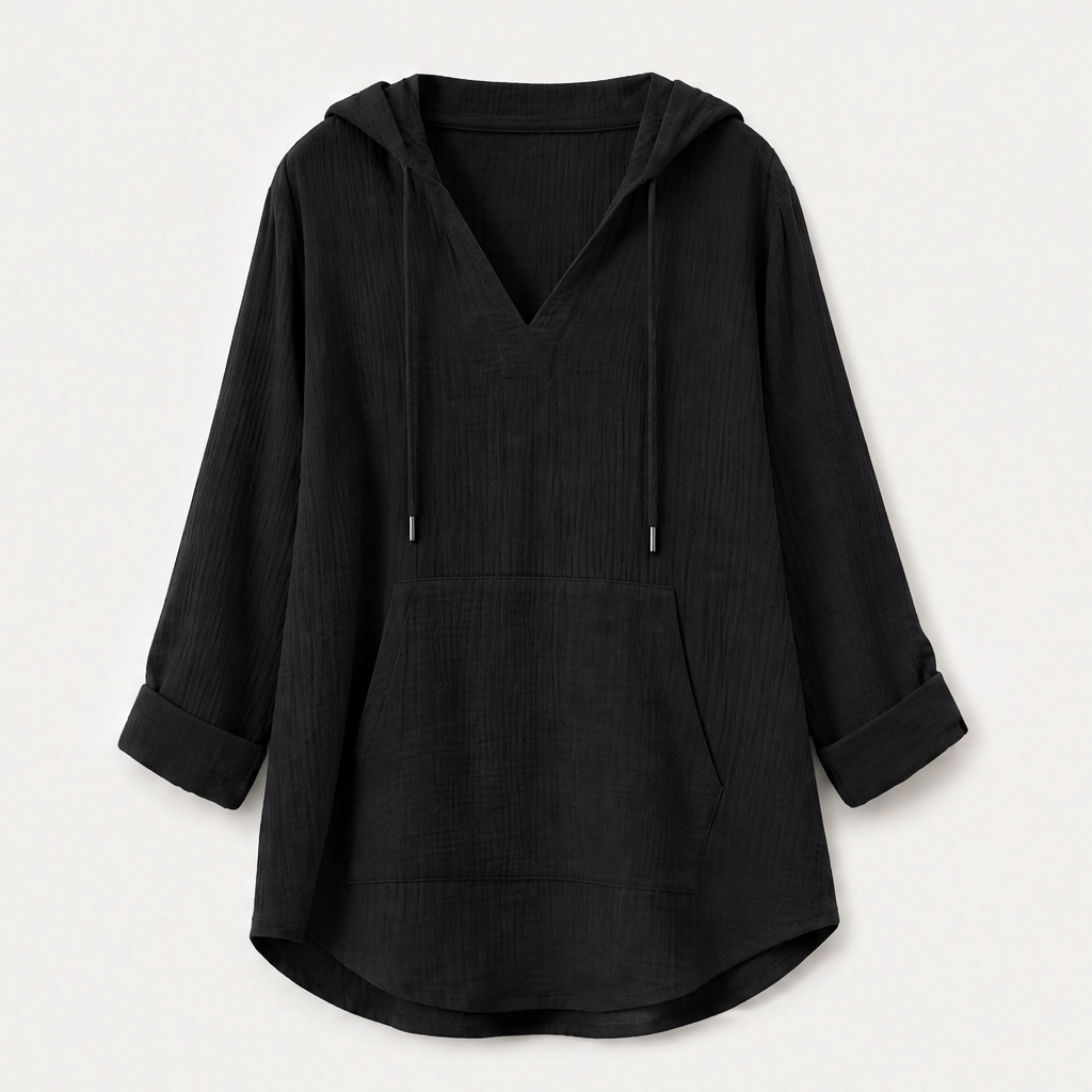 Willowlane – Soft Cotton-Linen Hooded V-Neck Top with Pocket + 50% OFF
