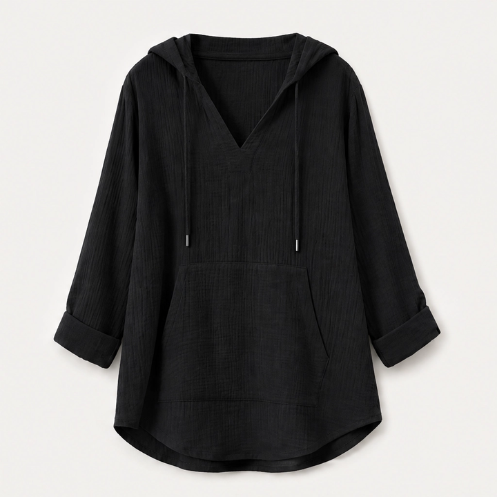 Willowlane – Soft Cotton-Linen Hooded V-Neck Top with Pocket + 50% OFF