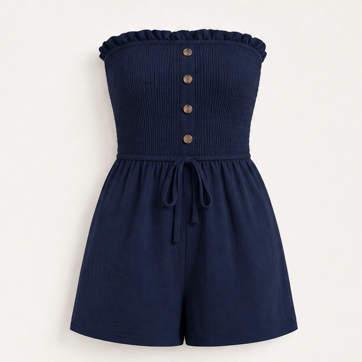 Solene – Strapless Shirred Ruffle Wide-Leg Romper + 50% OFF