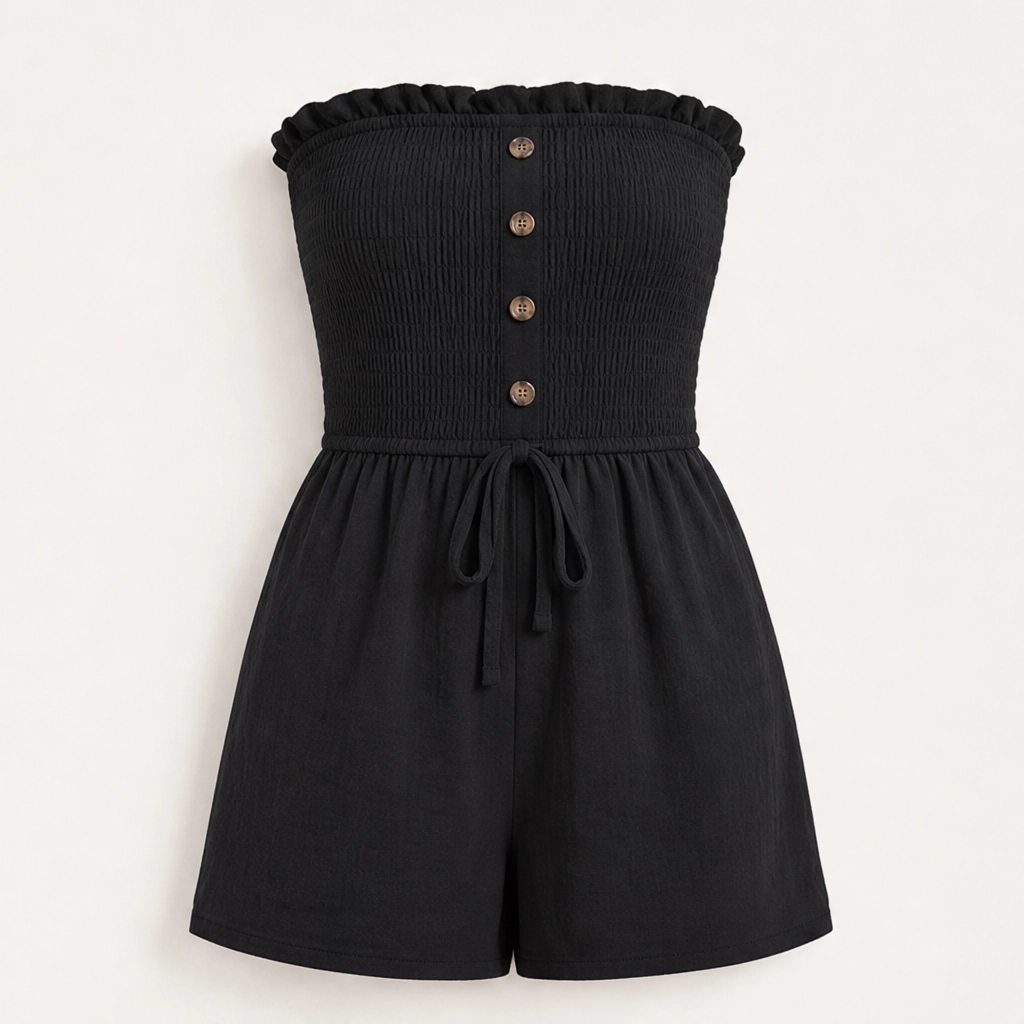 Solene – Strapless Shirred Ruffle Wide-Leg Romper + 50% OFF