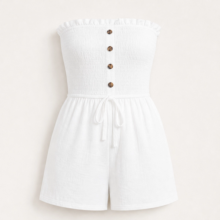Solene – Strapless Shirred Ruffle Wide-Leg Romper + 50% OFF