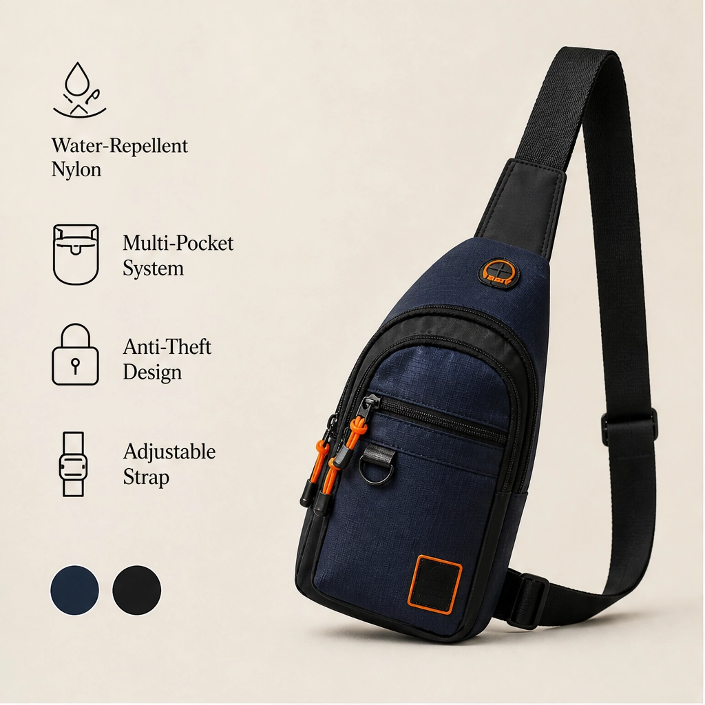 Stridewell – Water-Repellent Multi-Pocket Crossbody Sling Bag with Headphone Port + 50% OFF