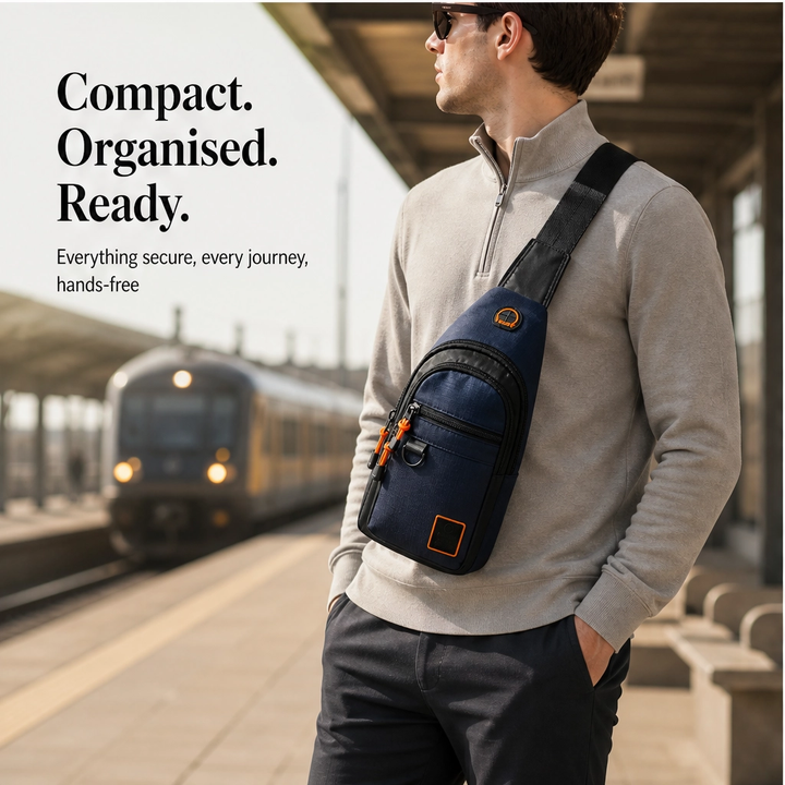 Stridewell – Water-Repellent Multi-Pocket Crossbody Sling Bag with Headphone Port + 50% OFF