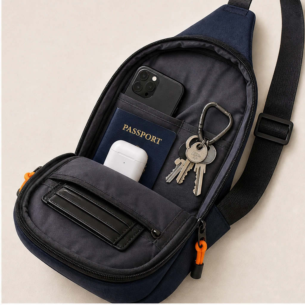 Stridewell – Water-Repellent Multi-Pocket Crossbody Sling Bag with Headphone Port + 50% OFF