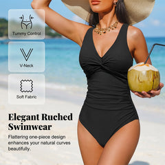 Drapelle™ – Tummy-Control Twist-Front V-Neck One-Piece Swimsuit + 50% OFF
