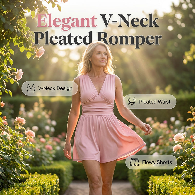 Pleatelle – V-Neck Pleated Waist Flowy Romper with Pockets + 50% OFF