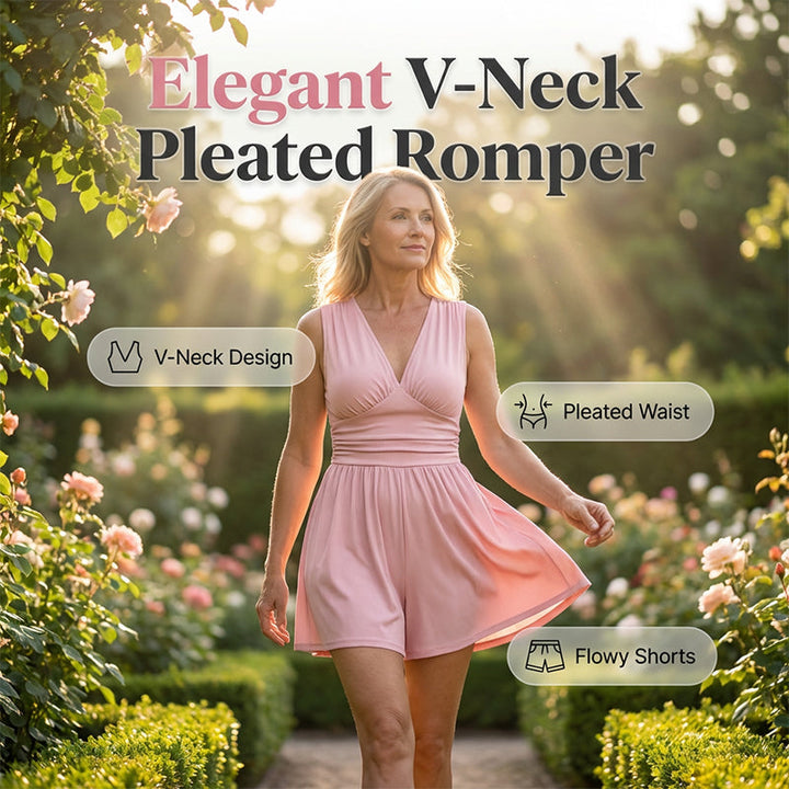 Pleatelle – V-Neck Pleated Waist Flowy Romper with Pockets + 50% OFF