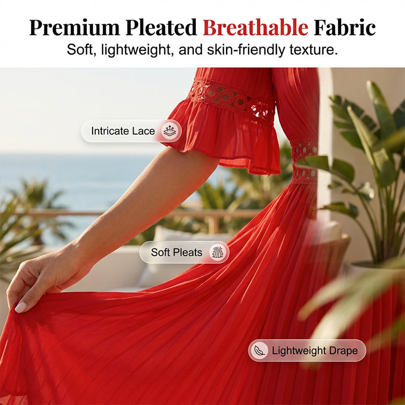 Solmara – V-Neck Lace Waist Pleated Summer Dress + 50% OFF