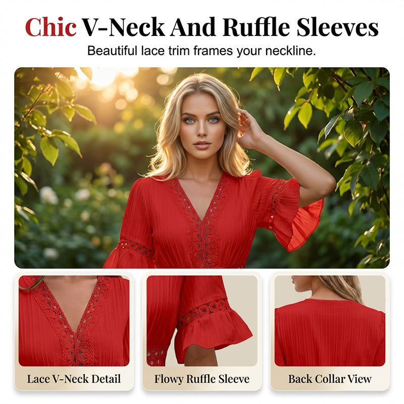 Solmara – V-Neck Lace Waist Pleated Summer Dress + 50% OFF