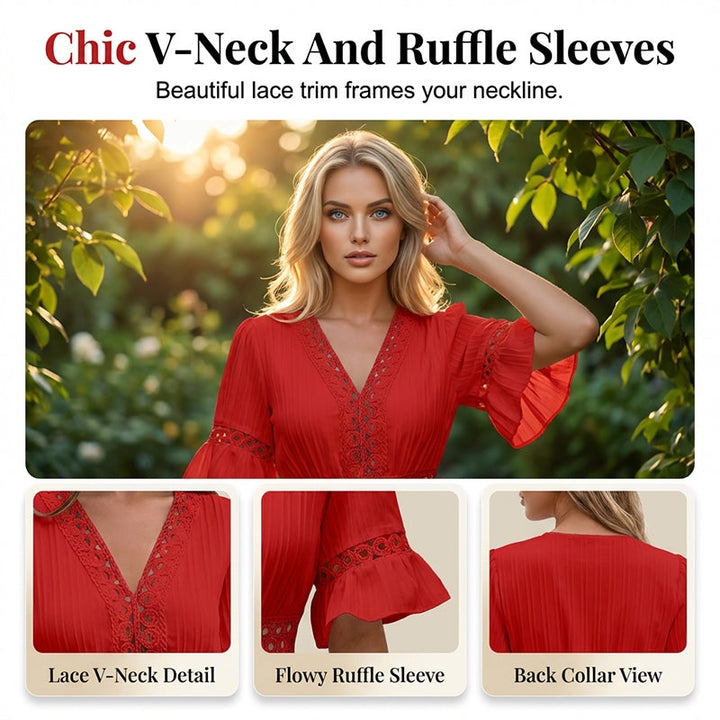 Solmara – V-Neck Lace Waist Pleated Summer Dress + 50% OFF
