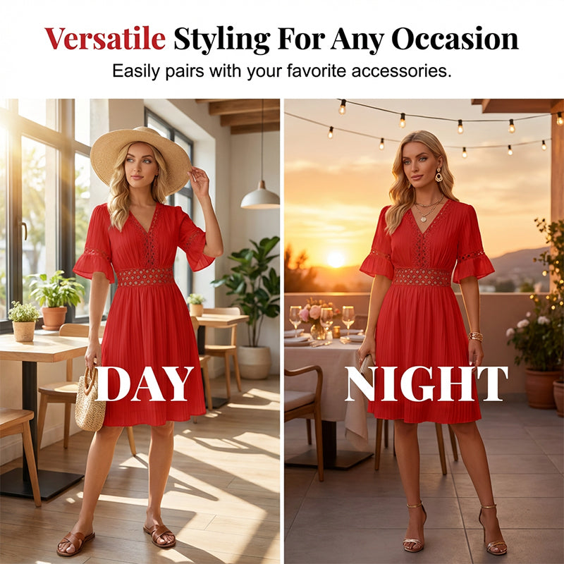 Solmara – V-Neck Lace Waist Pleated Summer Dress + 50% OFF