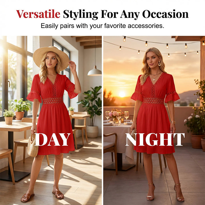 Solmara – V-Neck Lace Waist Pleated Summer Dress + 50% OFF