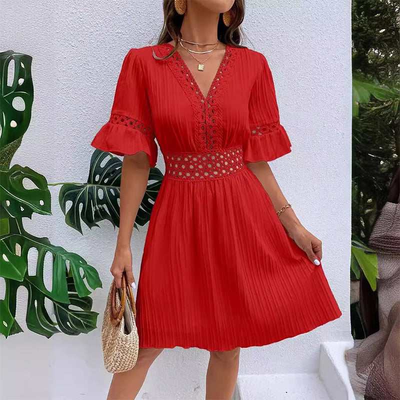 Solmara – V-Neck Lace Waist Pleated Summer Dress + 50% OFF