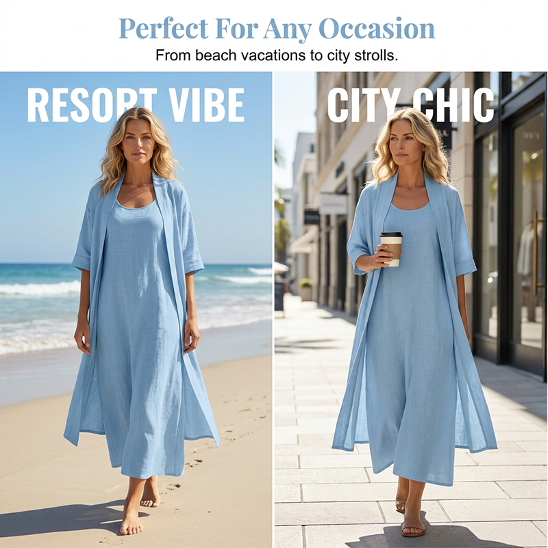 Lirelle™ – Breezy 2-Piece Linen-Blend Maxi Dress &amp; Duster Set + 50% OFF