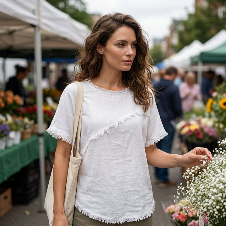 Frayla – Raw Edge Relaxed Fit Round Neck Summer Top + 50% OFF