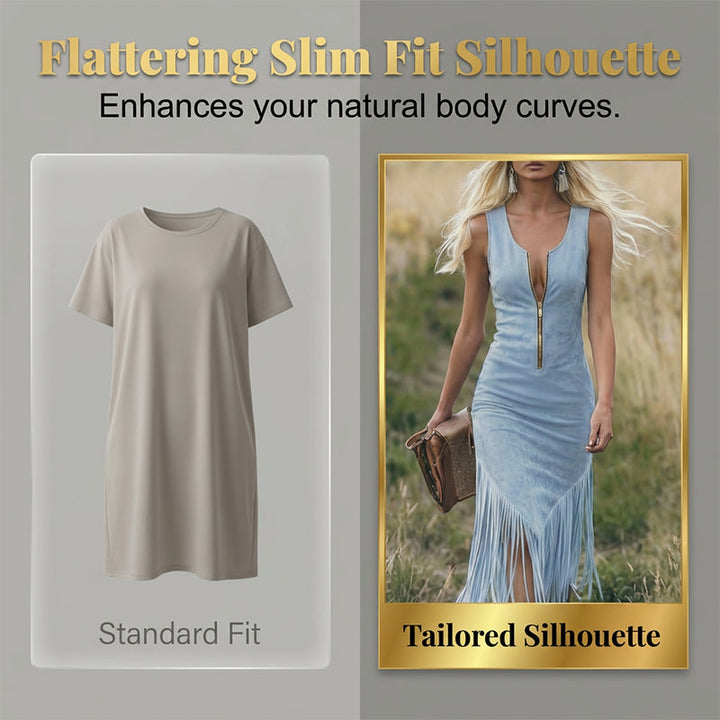 Wildrye – Faux Suede Fringe Western Dress with Front Zipper + 50% OFF