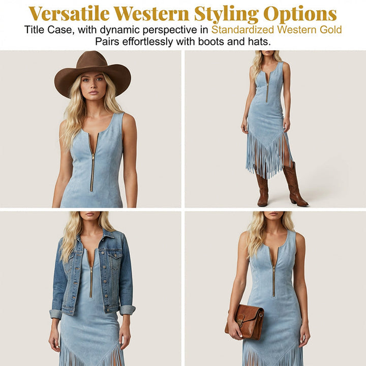 Wildrye – Faux Suede Fringe Western Dress with Front Zipper + 50% OFF