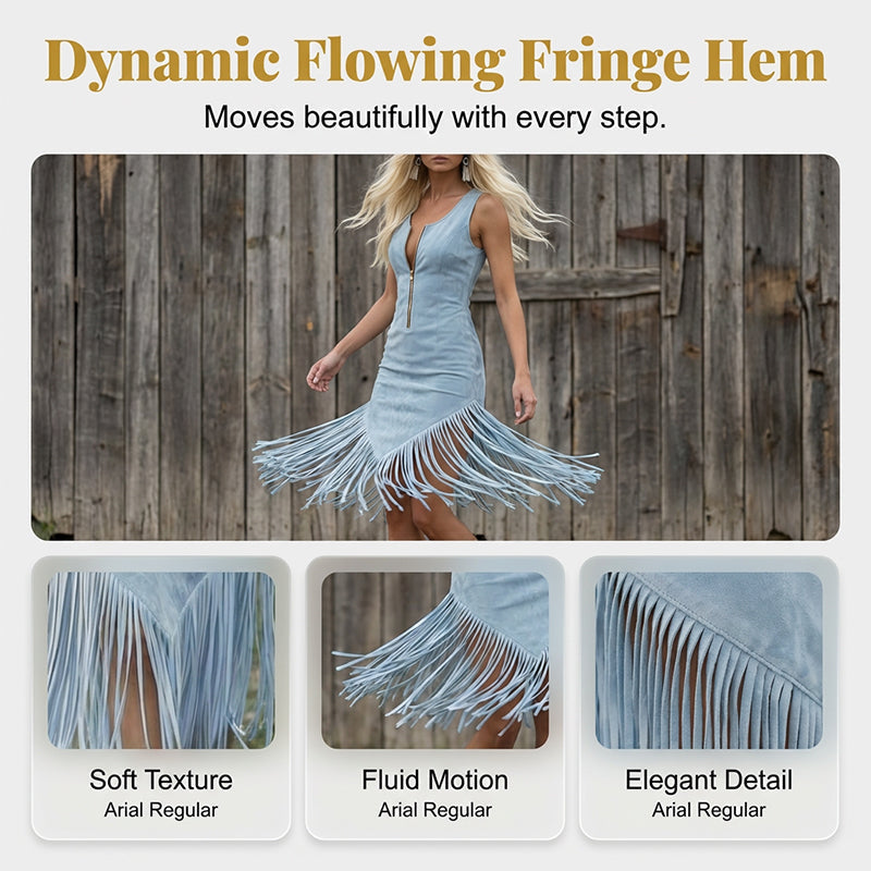 Wildrye – Faux Suede Fringe Western Dress with Front Zipper + 50% OFF