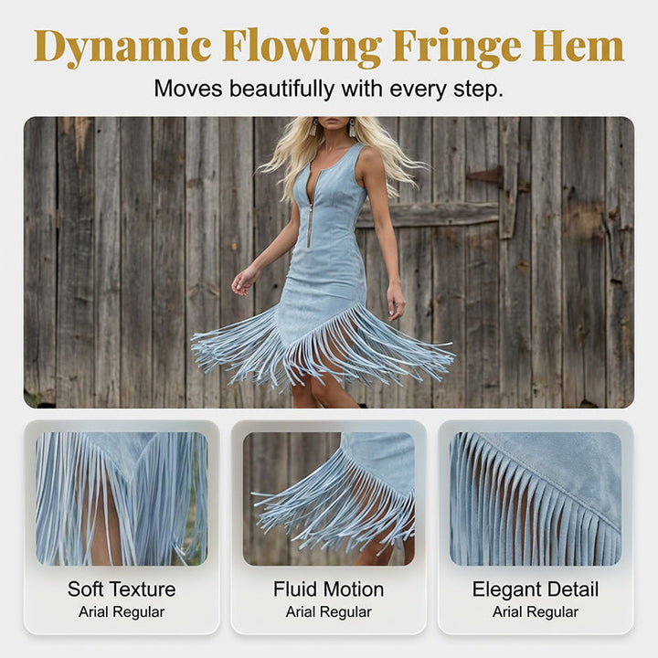 Wildrye – Faux Suede Fringe Western Dress with Front Zipper + 50% OFF