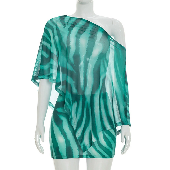 Tigresse – Asymmetric Sheer Shawl Top &amp; Mini Skirt Set + 50% OFF