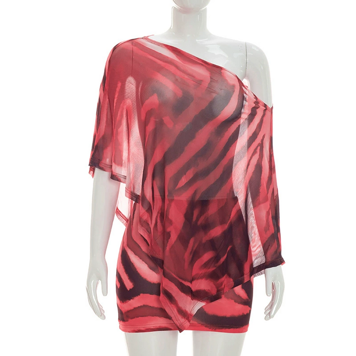 Tigresse – Asymmetric Sheer Shawl Top &amp; Mini Skirt Set + 50% OFF
