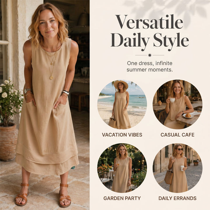 Solenne – Double-Layer Sleeveless Midi Dress with Pockets + 50% OFF
