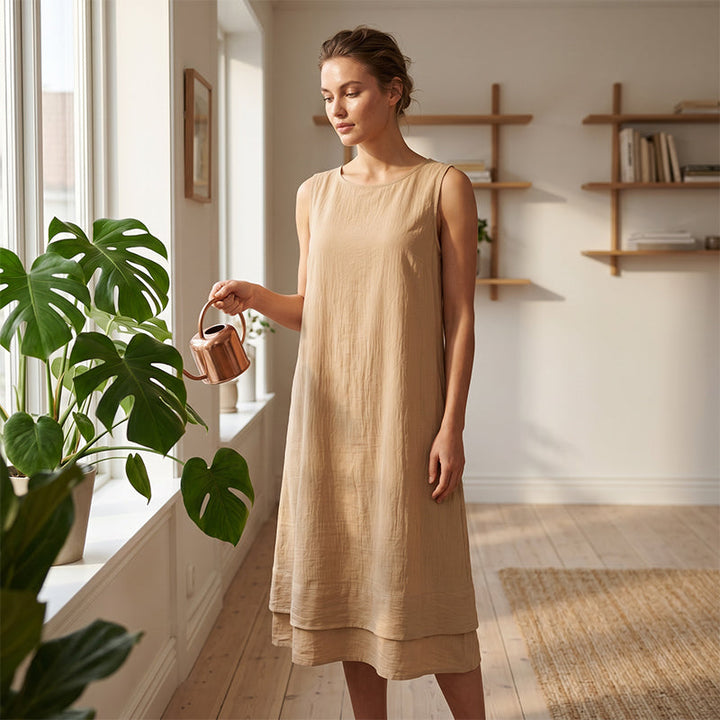 Solenne – Double-Layer Sleeveless Midi Dress with Pockets + 50% OFF